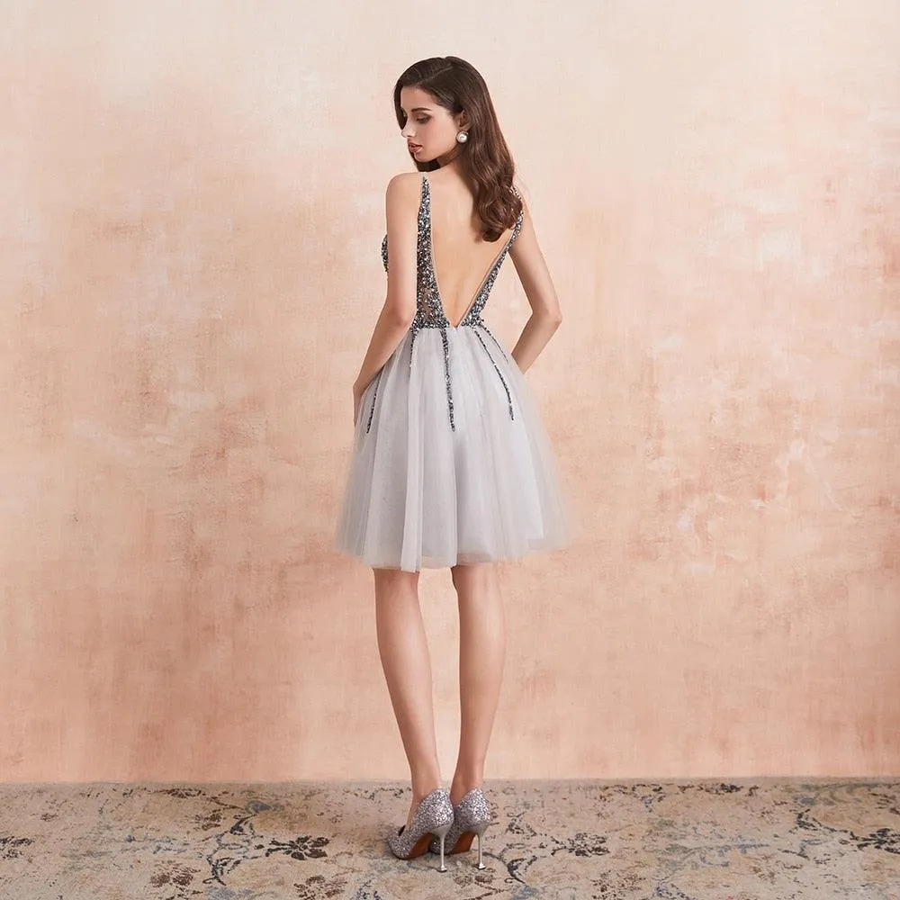 Sparkle Crystal Beaded Short Gray Cocktail / Homecoming Dresses