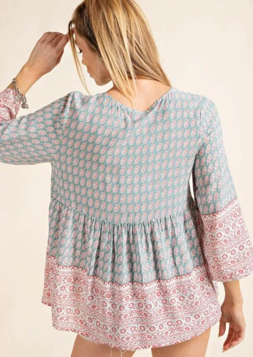 Subtly Sage Floral Print Lace up Top ~ FINAL SALE