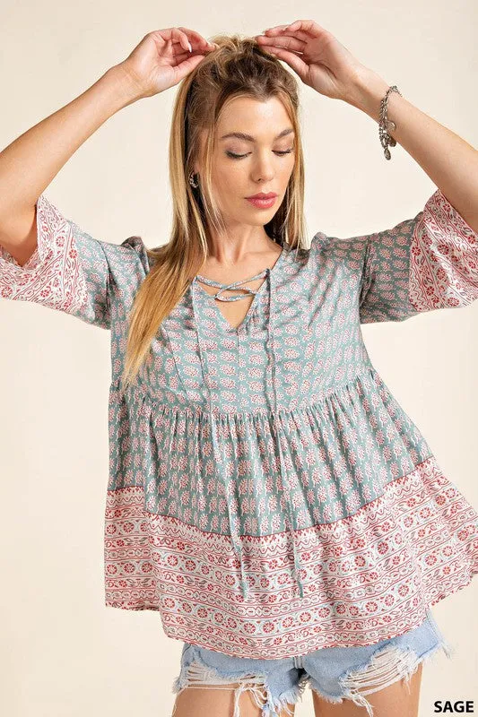 Subtly Sage Floral Print Lace up Top ~ FINAL SALE