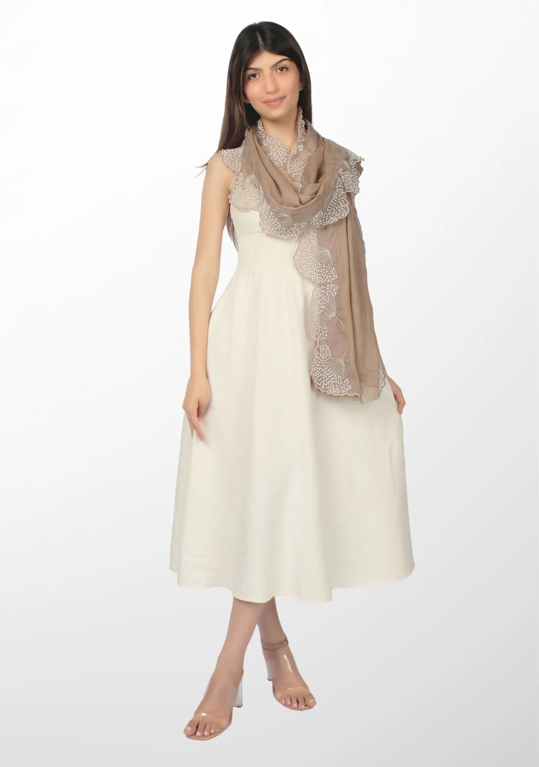 Taupe Cashmere Scarf with Ivory Pearl Embroidered Borders