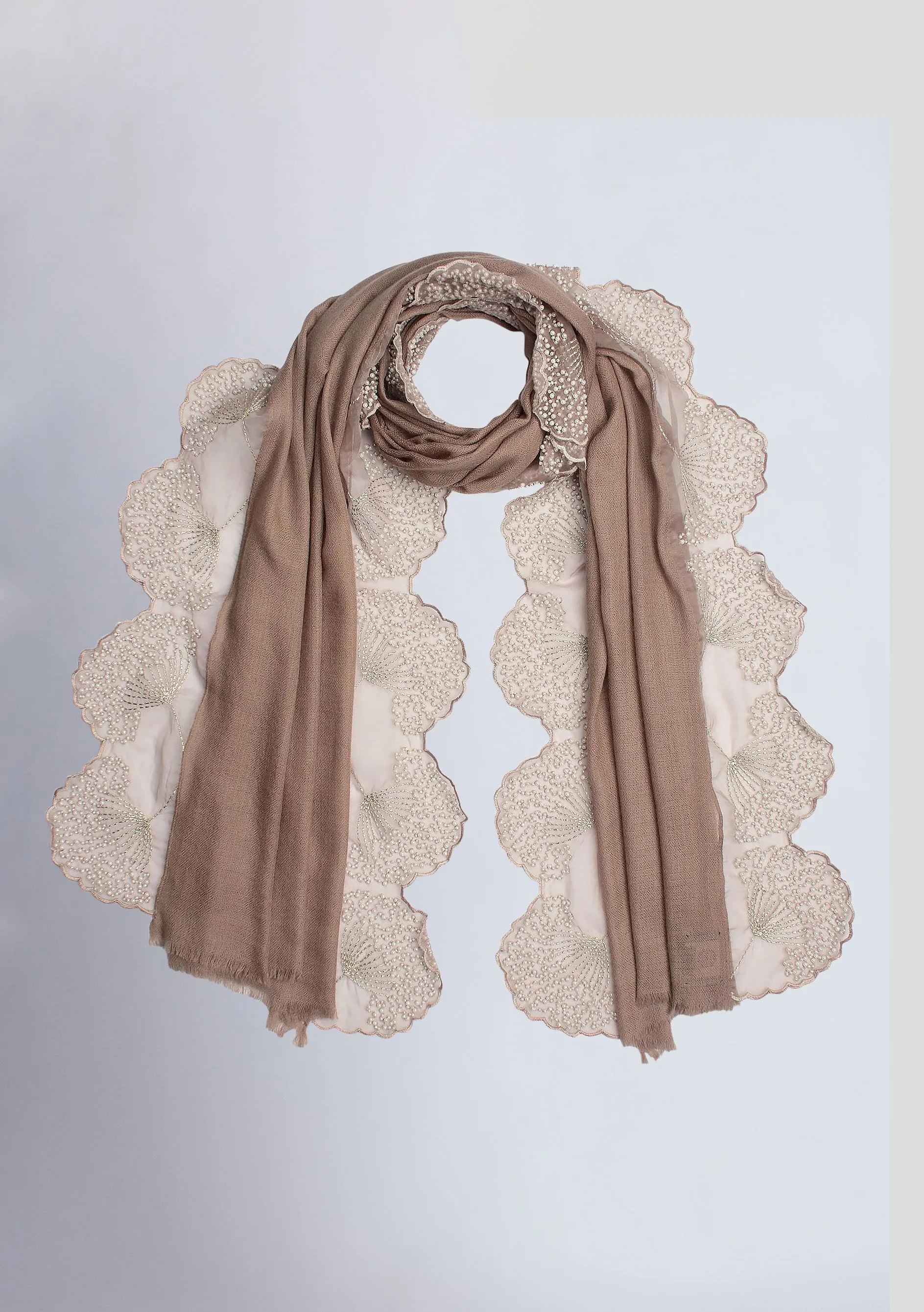 Taupe Cashmere Scarf with Ivory Pearl Embroidered Borders