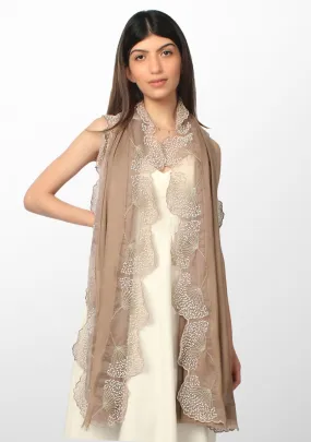 Taupe Cashmere Scarf with Ivory Pearl Embroidered Borders