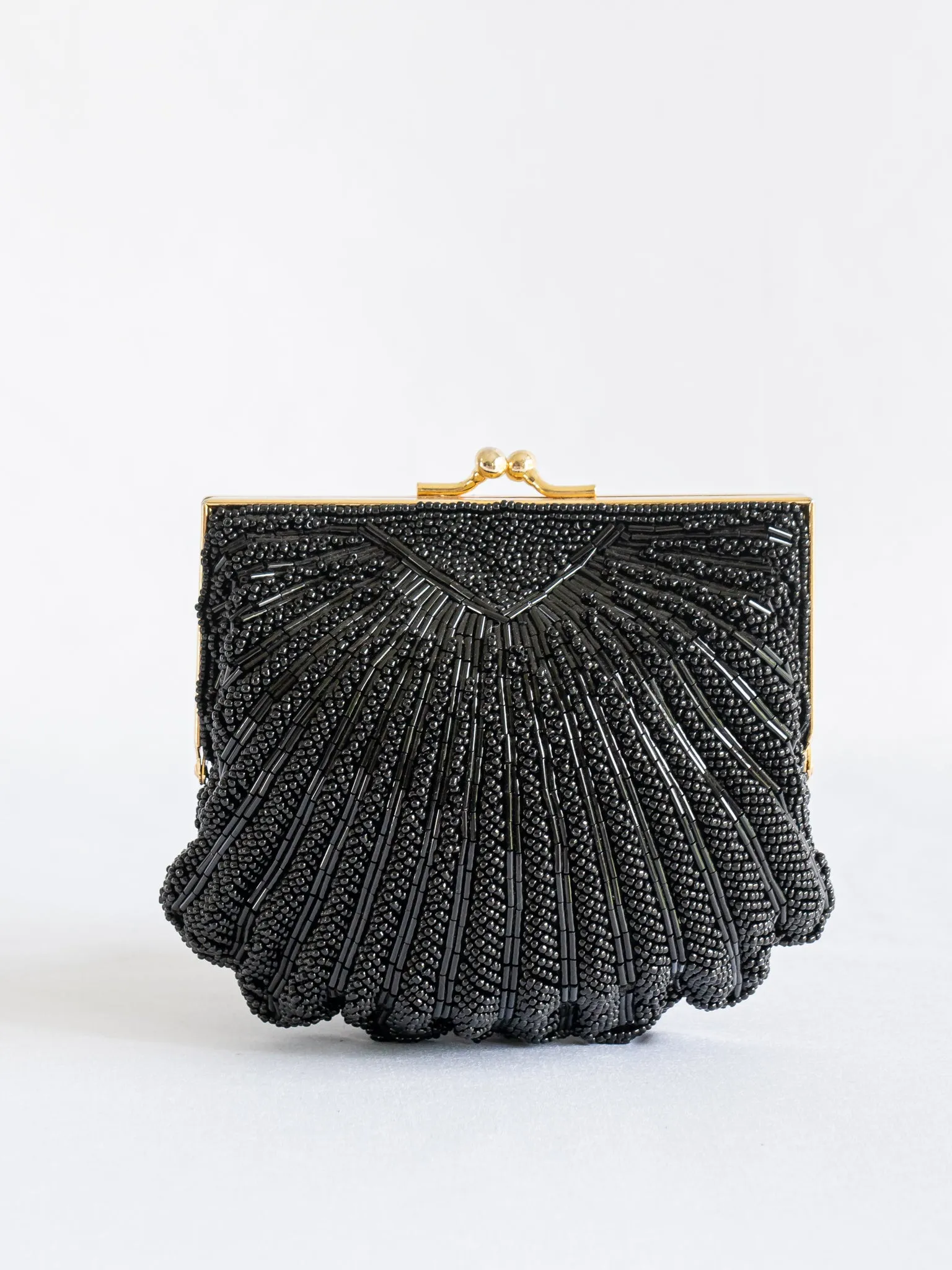 Vintage Black Hand Beaded Single Gold Clasp Handbag