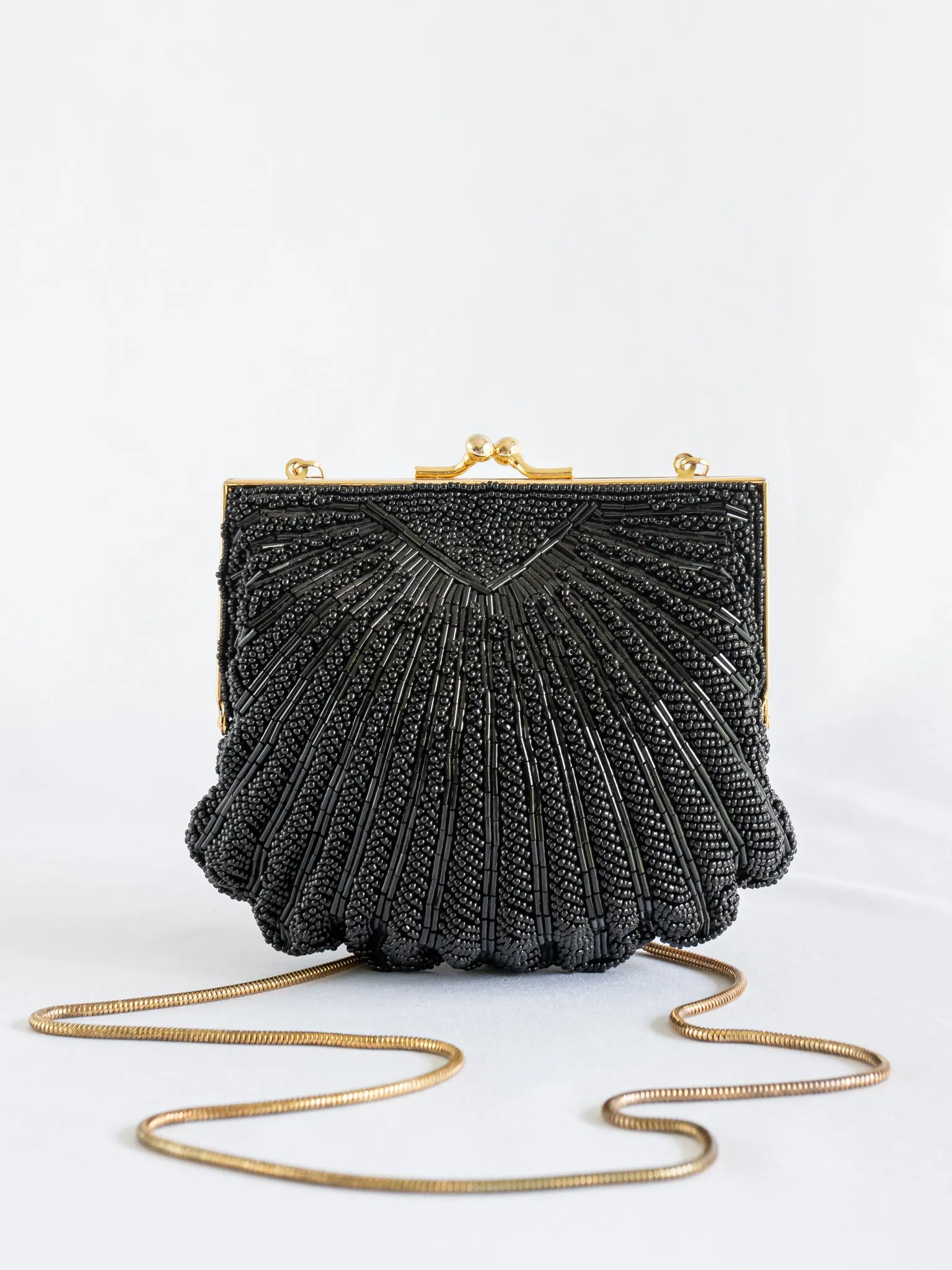 Vintage Black Hand Beaded Single Gold Clasp Handbag