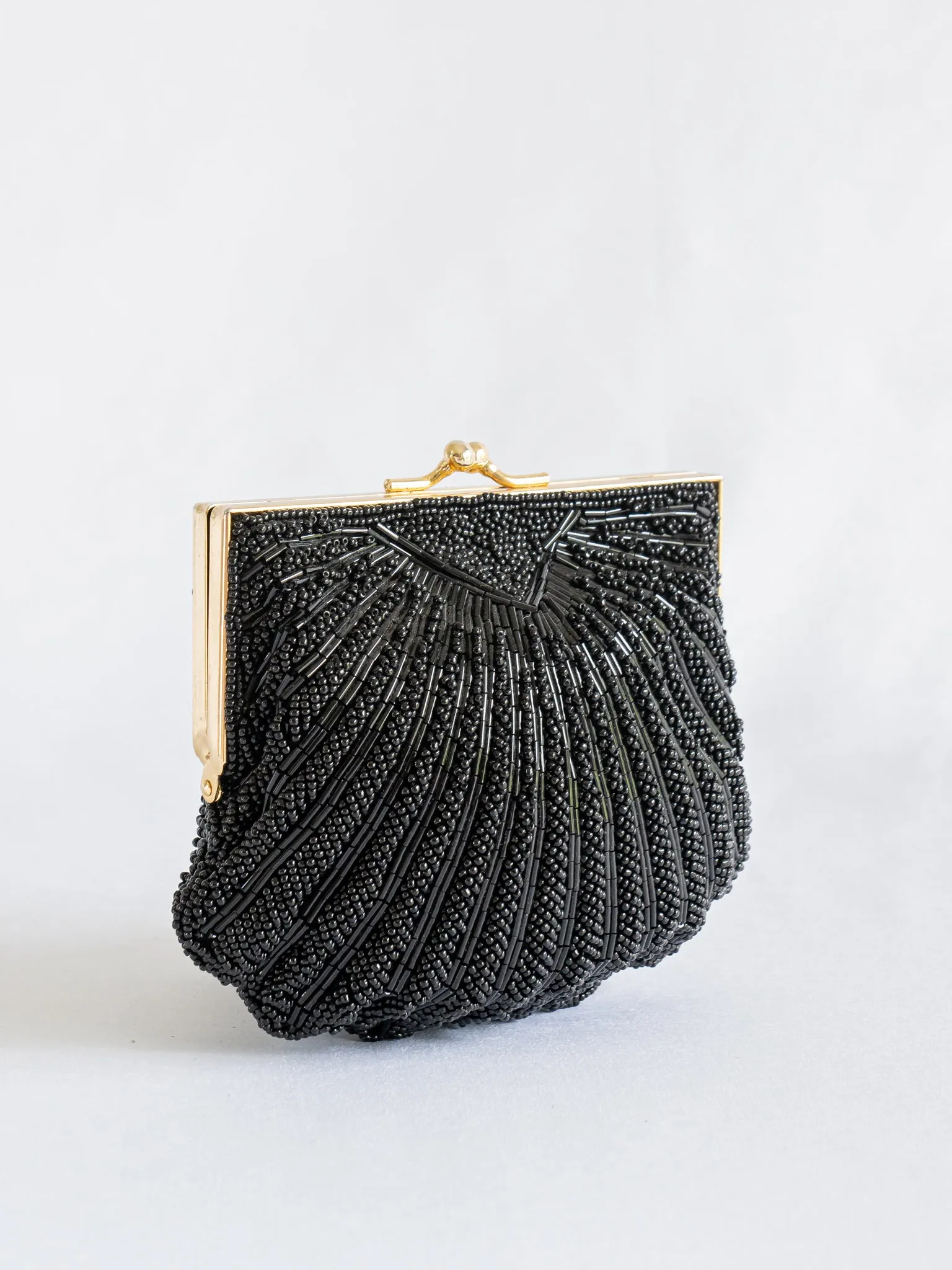 Vintage Black Hand Beaded Single Gold Clasp Handbag