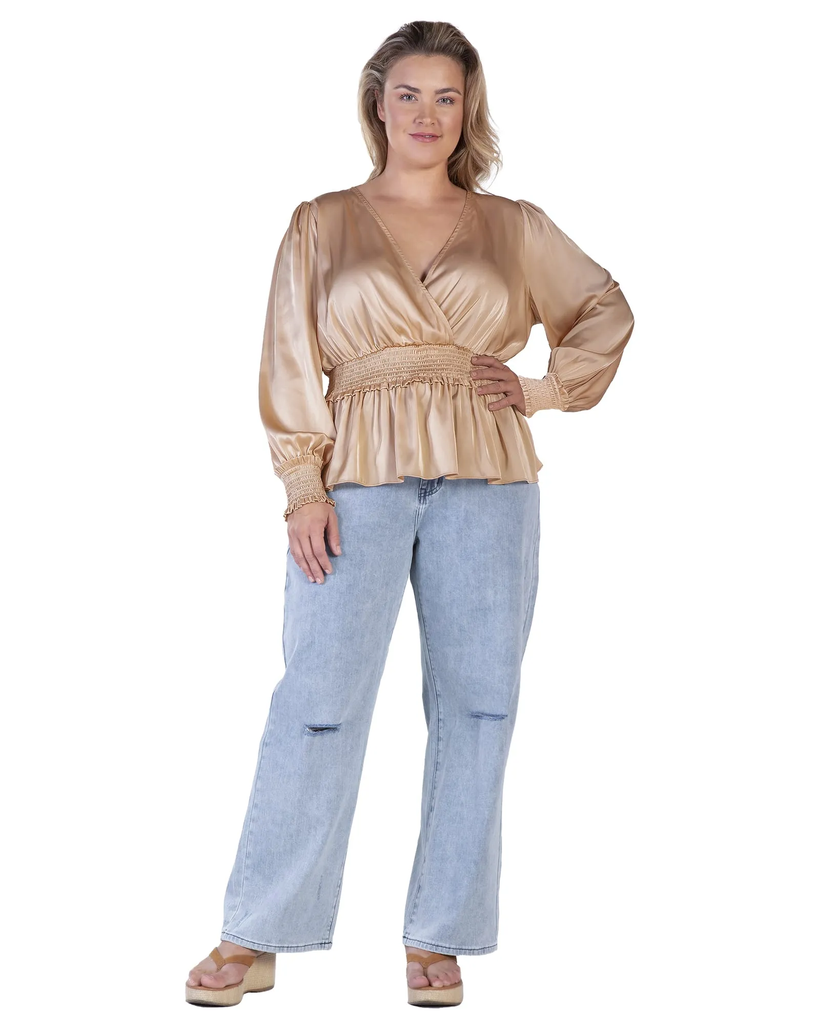 Women's Satin V-Neck Long Sleeves Blouse | CHAMPAGNE