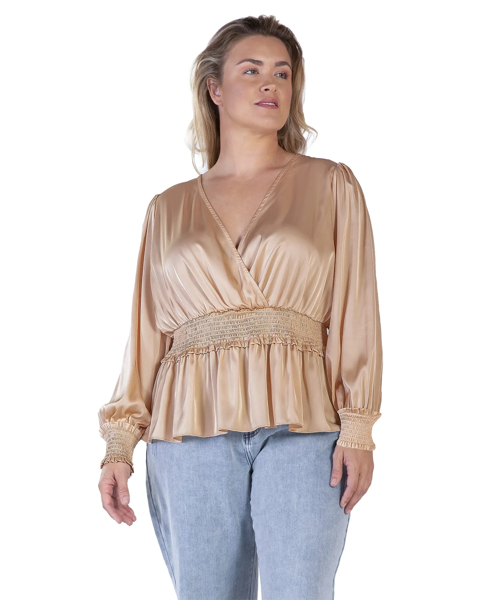 Women's Satin V-Neck Long Sleeves Blouse | CHAMPAGNE