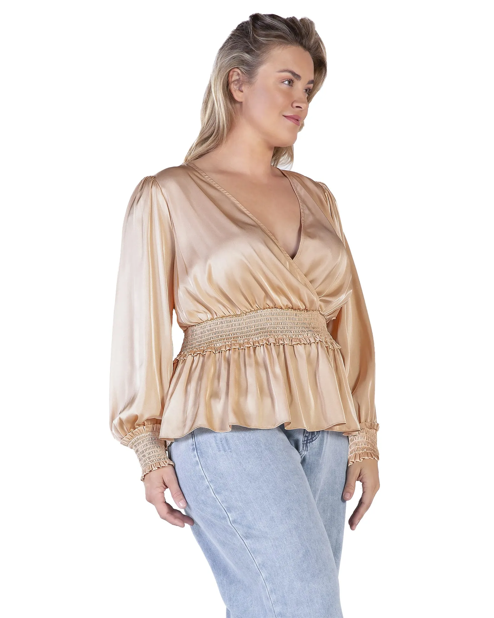 Women's Satin V-Neck Long Sleeves Blouse | CHAMPAGNE