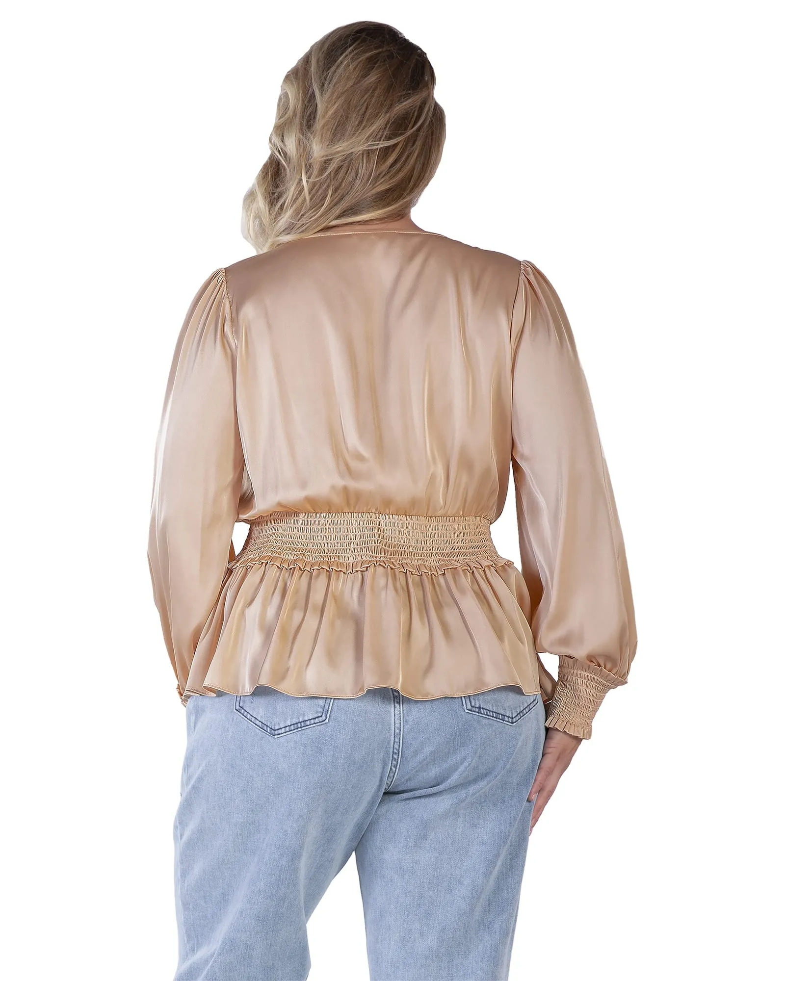 Women's Satin V-Neck Long Sleeves Blouse | CHAMPAGNE